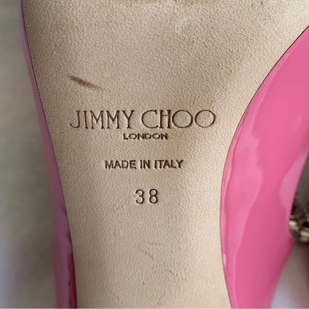 Jimmy Choo Bing 100 Shiny Patent Leather Crystal Stiletto Heels Bubble Pink - Picture 12 of 16